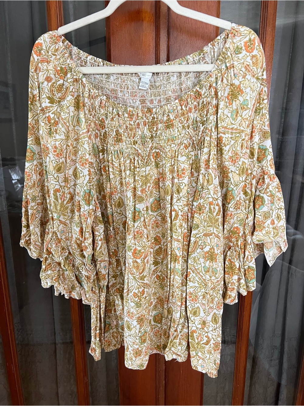 Cato Floral Peasant Tunic in Cream, Green and Orange